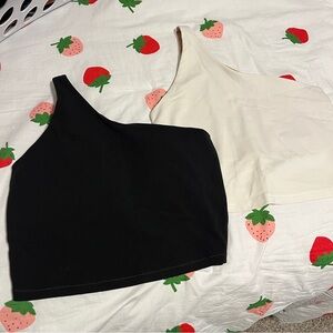 Old Navy Black and Cream One-Shoulder Crop Tops
